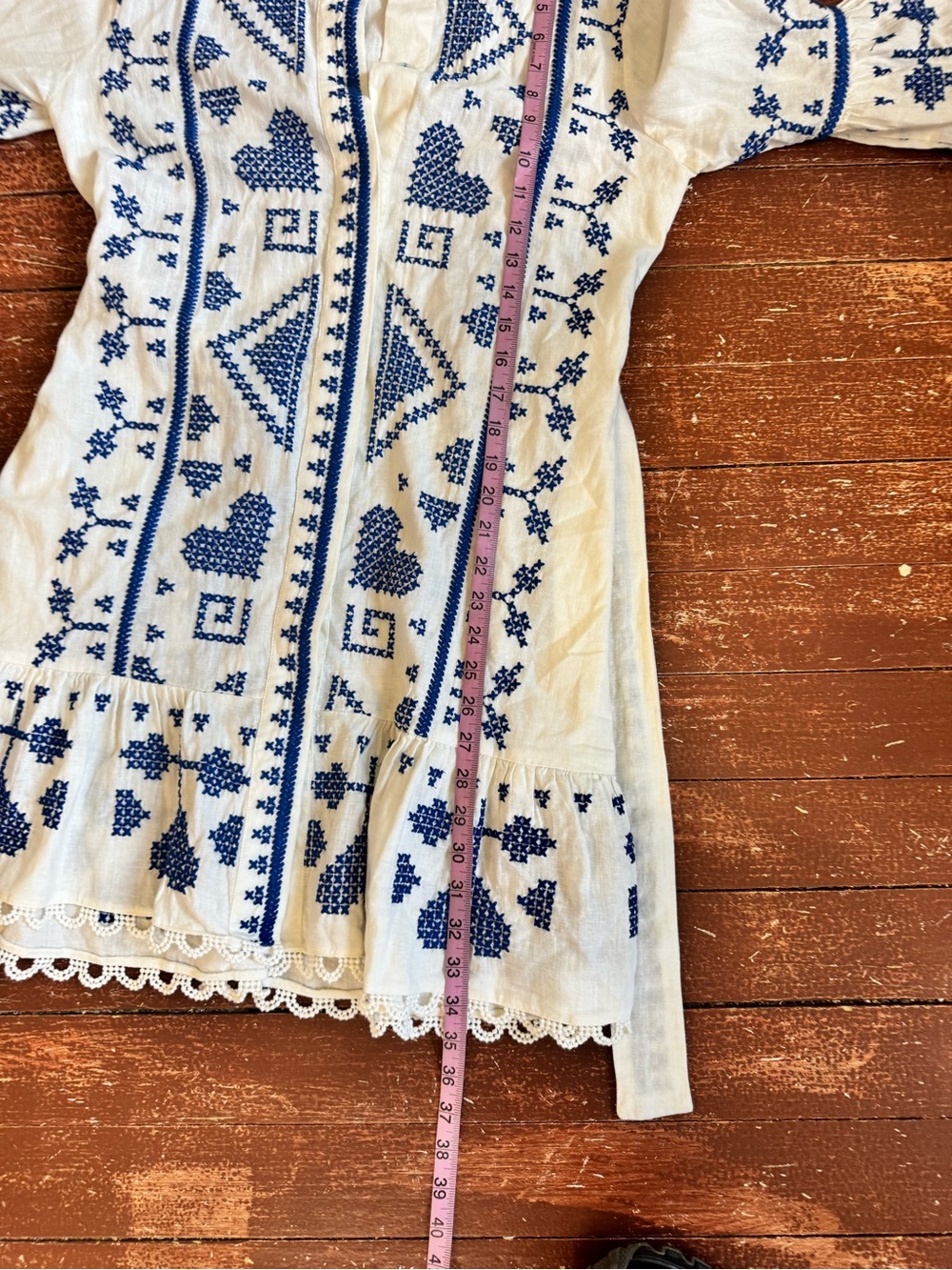 FARM Rio White Blue Cross Stitch Embroidered Midi Dress Band Collar Belt M - Picture 7 of 8